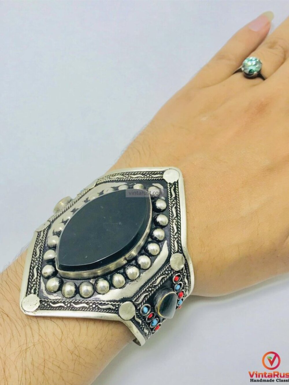 Adjustable Black Stone Cuff Bracelet: Tribal Boho Jewelry